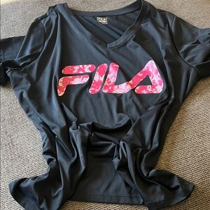 Fila Women's Black Tee with Floral Pink Logo